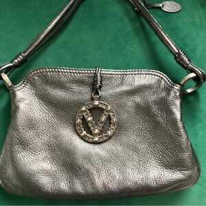 Valentino Garavani V Logo Black Leather Shoulder Bag with Metal Charm